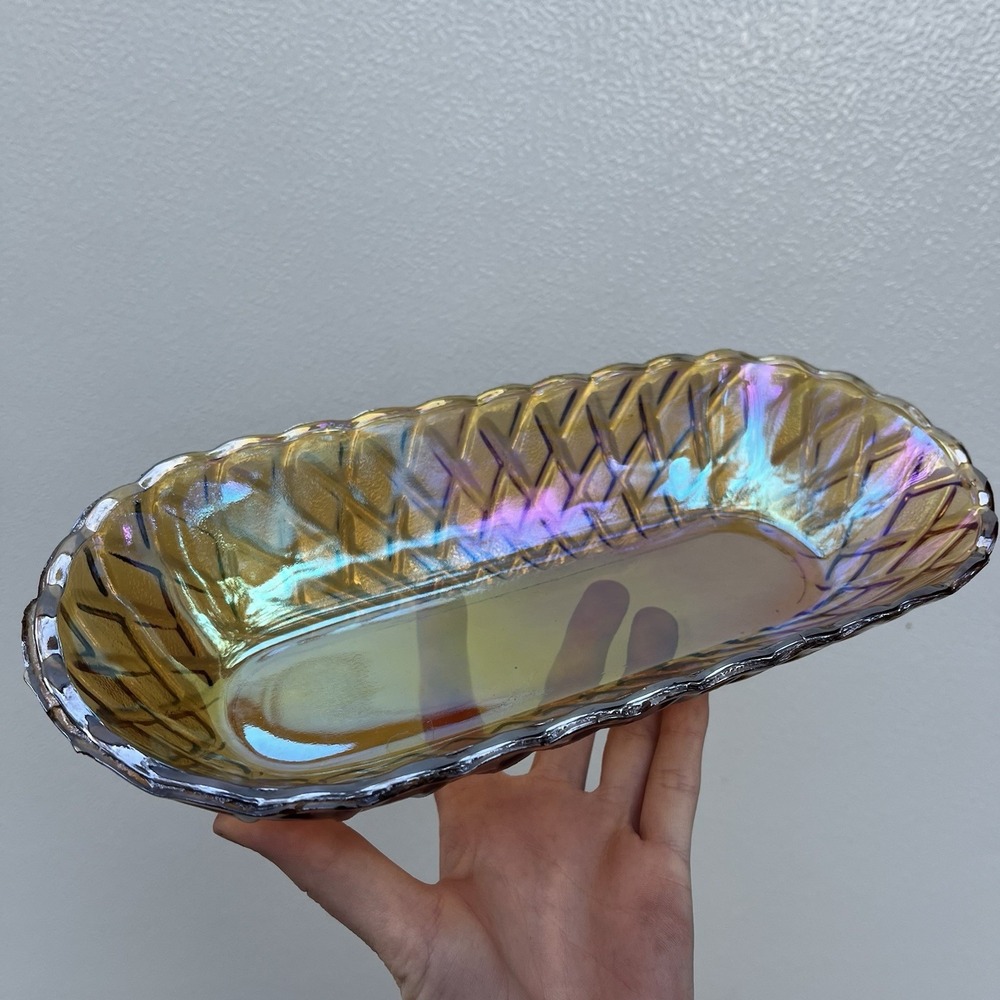 Indiana Glass Company Pretzel Basket Weave Oval Iridescent Celery Relish Dish